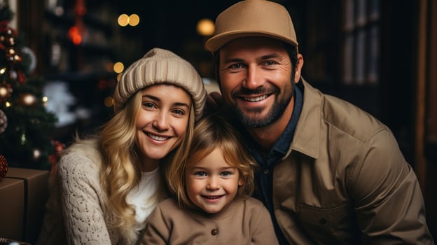 AI generated Happy family in Santa hats with gifts and decorations photo