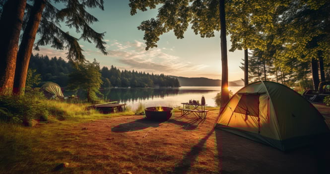 AI generated Lakeside Leisure. A Picturesque Campground Nestled Between Mountains and Mirrored Waters photo