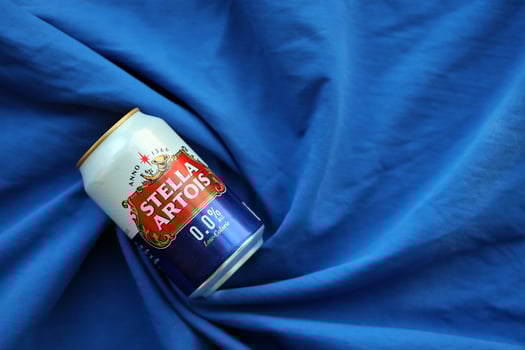 KYIV, UKRAINE - 4 MAY, 2023 Can of Stella Artois beer without alcohol and low in calories photo