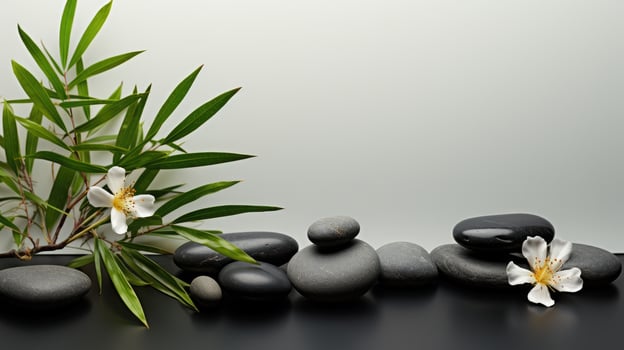 AI generated Black Stone Cairn with Bamboo and White Flower Rock Zen Aesthetic Spa Concept with Minimalist Composition Serenity in Nature Calming Atmosphere for Peaceful Wellness Background photo