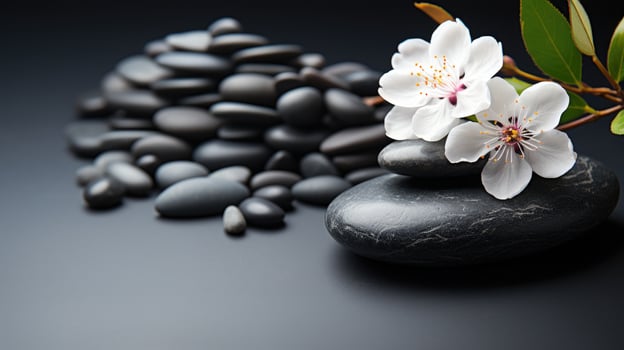 AI generated Black Stone Cairn with Bamboo and White Flower Rock Zen Aesthetic Spa Concept with Minimalist Composition Serenity in Nature Calming Atmosphere for Peaceful Wellness Background photo