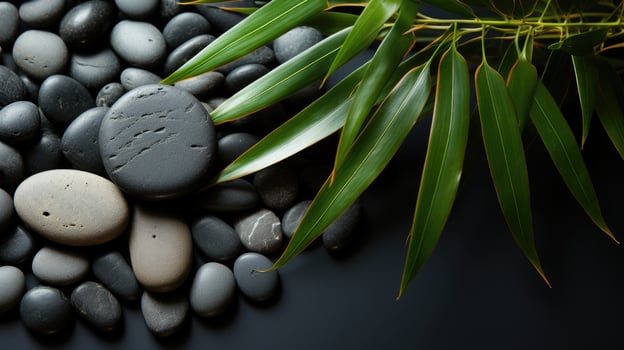 AI generated Black Stone Cairn with Bamboo and White Flower Rock Zen Aesthetic Spa Concept with Minimalist Composition Serenity in Nature Calming Atmosphere for Peaceful Wellness Background photo