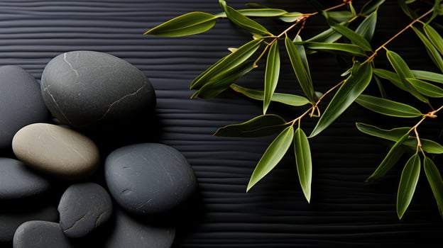 AI generated Black Stone Cairn with Bamboo and White Flower Rock Zen Aesthetic Spa Concept with Minimalist Composition Serenity in Nature Calming Atmosphere for Peaceful Wellness Background photo