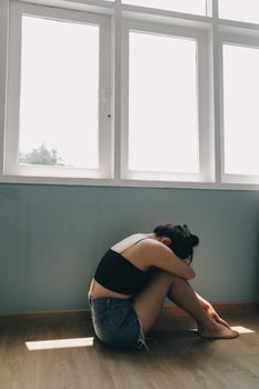 panic attacks alone young girl sad fear stressful depressed emotional.crying use hand cover face begging help.stop abusing domestic violence in women,person with health anxiety,people bad feeling down photo