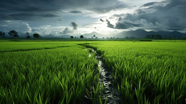 AI generated Green rice fields in the rainy season beautiful natural scenery photo
