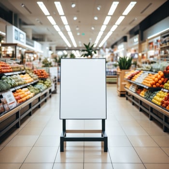 AI generated Clean white blank boards for advertising banners in shop and supermarket areas, marketing and discount blank board display designs, good for advertisements, banners, billboards photo