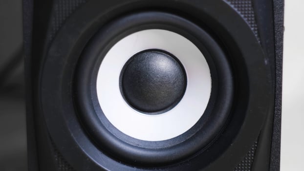 Close-up of vibrating bass speaker. Concept. Black speaker vibrates when bass is loud. Loud and clear sound from PC speaker photo