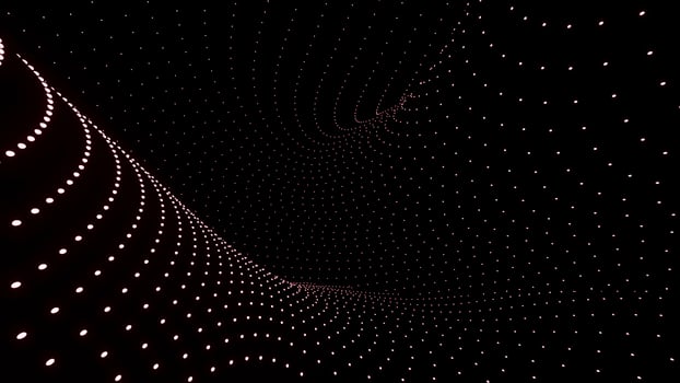 3D space with curving flow of dots. Design. Futuristic space with curving lines in flow. Dotted lines move in geometric curves on black background photo