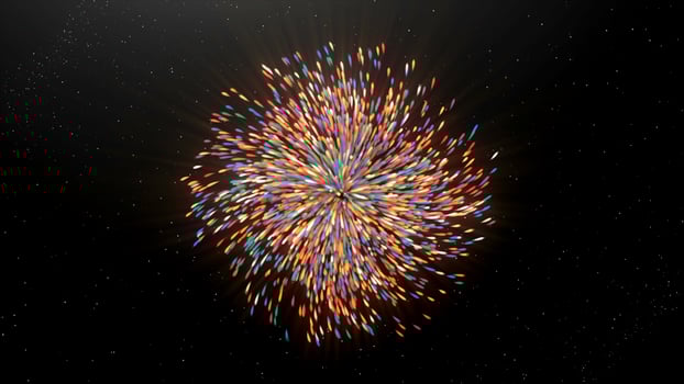 Moving colorful stream from point. Motion. Explosive colorful flow with spreading 3d particles. 3D flow from a point with colorful dots and balls photo