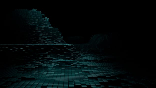 Abstract underground ruined brick catacombs. Design. Flying inside scary dark tunnel with brick floor and walls. photo