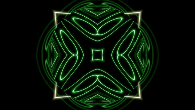 Geometric kaleidoscopic background with transforming shapes. Design. Moving neon silhouettes on a black background. photo