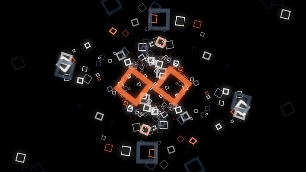 Futuristic background of cubic on black background. Animation. Neon square frames spread out with hypnotic matrix effect on black background photo