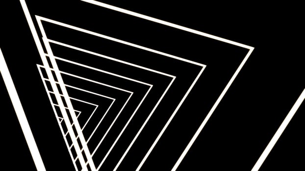 Animation of 3D tunnel of white triangle silhouettes following one by one. Design. Neon glowing geometric shapes in looping motion. photo