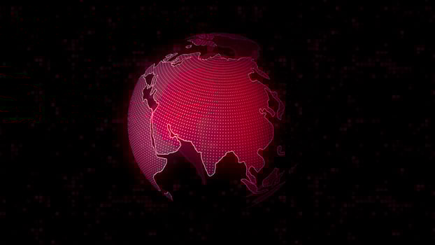 Looped digital pink rotating globe of Earth silhouette isolated on a black background. Motion. 3D animation of space with digital world map background for news . photo