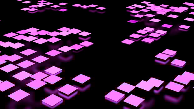 Abstract pink waving surface of small squares isolated on a black background. Design. Blinking and jumping field of squares. photo