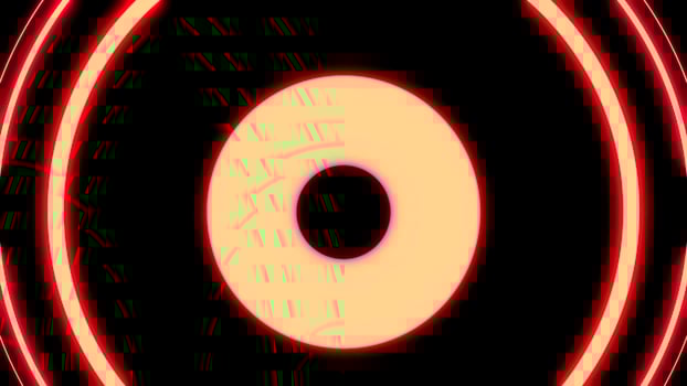 Moving neon circles on a black background. design. Red widening rings like spreading signal. photo
