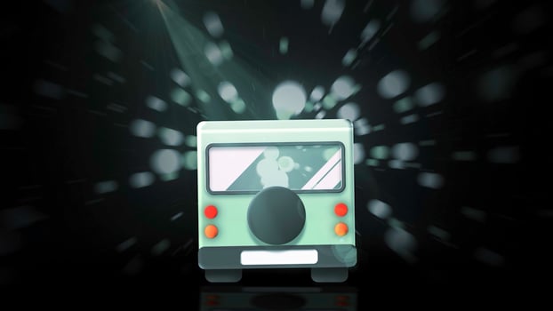 Cartoon 3d bus rides. Motion. Children's animation of moving bus in stream. Bus rides in stream of particles on black background photo