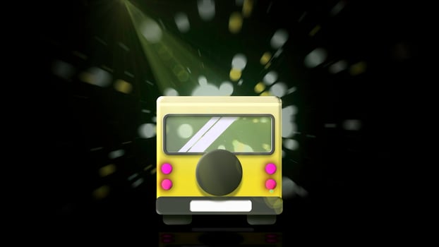 Rear view of a bus or a car driving on a black background with flying circles and rays. Motion. Concept of road trip. photo