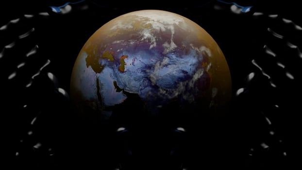 Black background with rotating planet and patterns. Design. Around its axis is a rotating planet earth made in 3D format and reflecting in different shades. photo