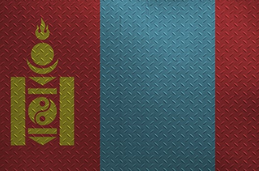Mongolia flag depicted in paint colors on old brushed metal plate or wall closeup. Textured banner on rough background photo