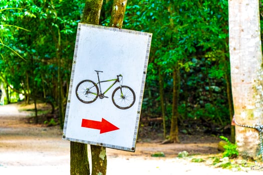 Rent a bike sign arrow information board direction in Coba Ruins. photo