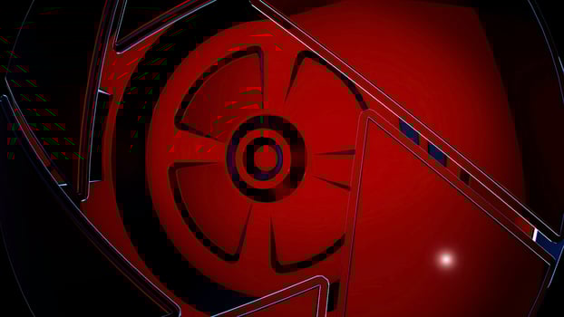 CLose up for red symetrical circle geometrically formed by triangles rotating, seamless loop. Abstract mechanism, triangle shape circle detail spinning on black background. photo