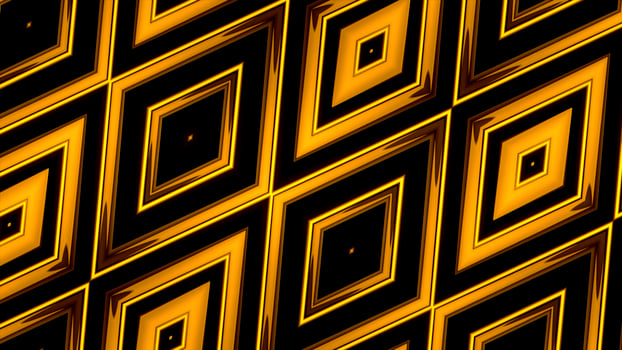 Kaleidoscopic shapes of golden color. Motion. Rhombus colorful fractal pattern on a black background. photo