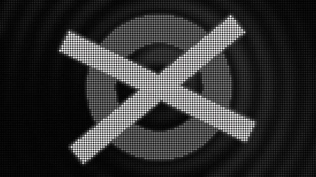Retro black and white pixelated screen with a circle and crossing lines. Motion. Monochrome old fashioned animation. photo
