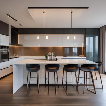 AI generated A contemporary kitchen with high-gloss cabinets, a breakfast photo