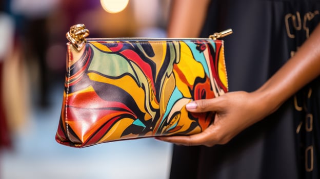 AI generated a woman's hand holding a trendy clutch bag with a bold print photo