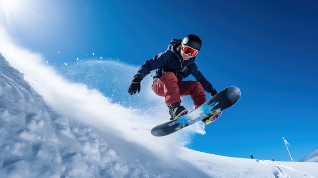 AI generated A snowboarder carving through a half-pipe, with a clear blue sky above photo