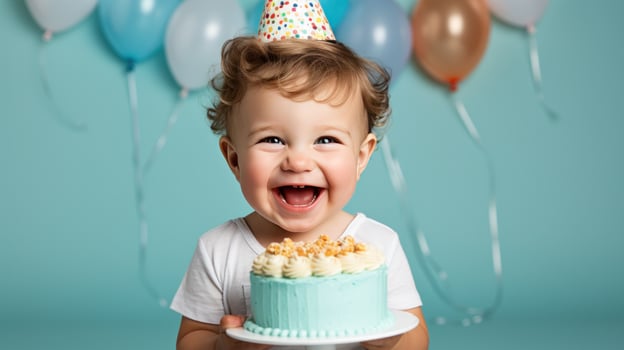 AI generated An adorable toddler wearing a party hat and holding a slice of cake photo