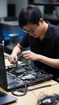 AI generated repairing a broken laptop in a workshop photo