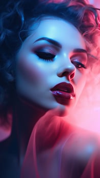 AI generated beautiful woman's face with dramatic makeup, dancing in a haze of fog and neon light photo
