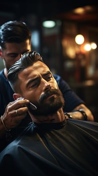 AI generated barber's hand holding a straight razor poised to shave a client's beard photo