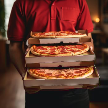 AI generated pizza delivery person carrying a stack of pizza boxes photo