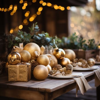AI generated A warm and inviting Christmas setup with golden ornaments, greenery, and a rustic wood background photo