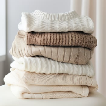 AI generated multiple colors of beige and white knitted sweaters photo