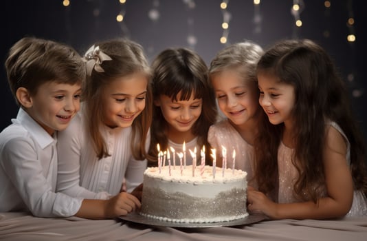 AI generated group of kids putting candles on a cake photo