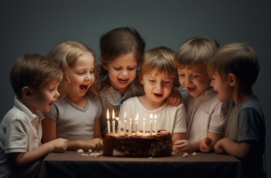 AI generated group of kids putting candles on a cake photo