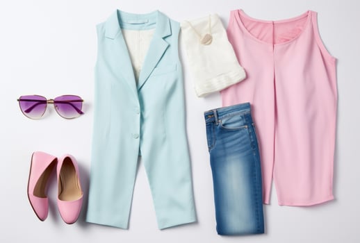 AI generated a white background with blue sunglasses, a blue vest, pink top, pink jeans and blue heels photo