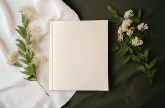 AI generated a white blank book surrounded by green leaves photo