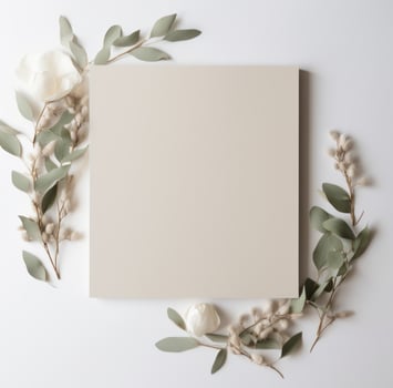 AI generated a white frame with a few green leaves laying down photo