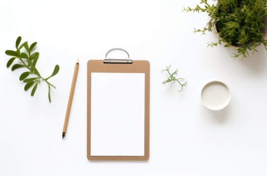 AI generated a white plate, clipboard, phone, computer and plant, photo