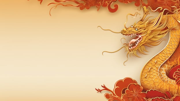 AI generated Chinese holiday background with dragon, dark red and gold, large copyspace area photo