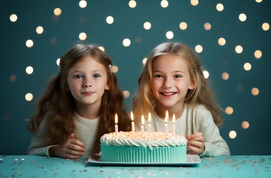 AI generated girls celebrating birthday on table with cake and candles for kids photo