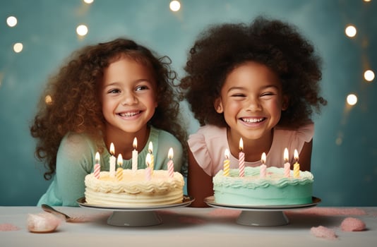 AI generated girls celebrating birthday on table with cake and candles for kids photo