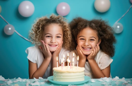 AI generated girls celebrating birthday on table with cake and candles for kids photo