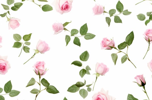 AI generated pink roses and leaves on a white background, photo