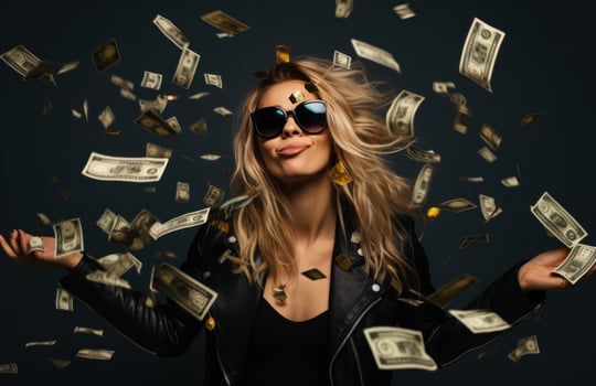 AI generated young blonde brunette woman posing with sunglasses in a black leather jacket photo